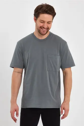 2271-2 24x1 Süprem Relax Kalıp Cepli Basic T-shirt-AHAKİ - 4