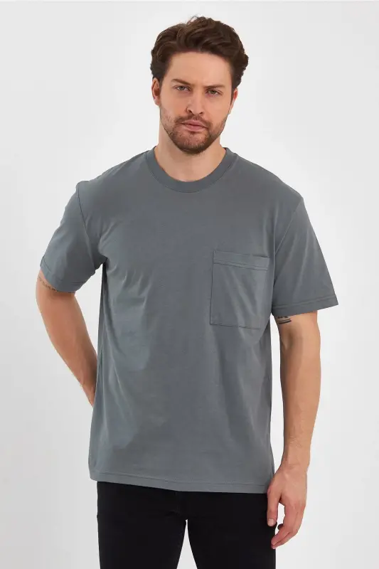 2271-2 24x1 Süprem Relax Kalıp Cepli Basic T-shirt-AHAKİ - 5