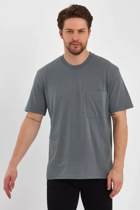 2271-2 24x1 Süprem Relax Kalıp Cepli Basic T-shirt-AHAKİ - UOMOPARK
