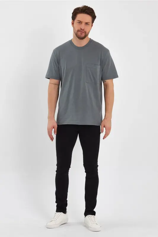 2271-2 24x1 Süprem Relax Kalıp Cepli Basic T-shirt-AHAKİ - 3