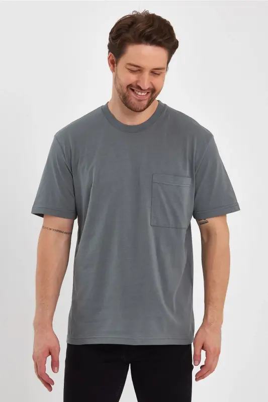 2271-2 24x1 Süprem Relax Kalıp Cepli Basic T-shirt-AHAKİ - 4