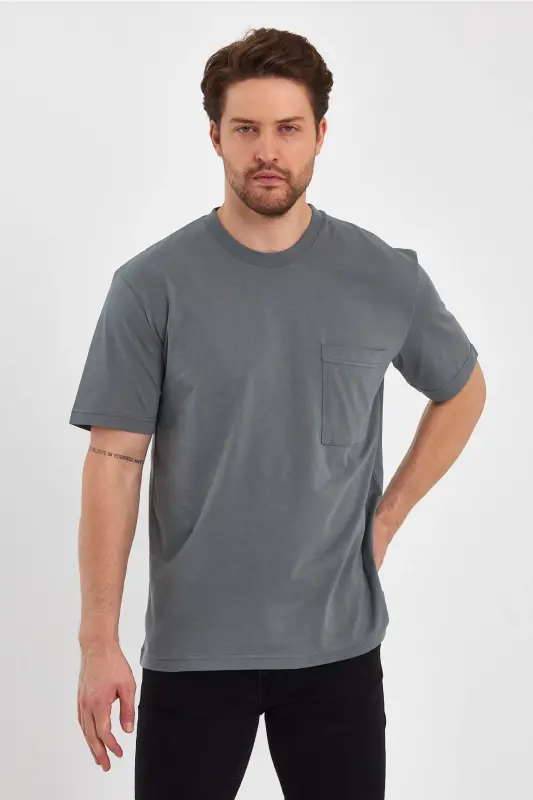 2271-2 24x1 Süprem Relax Kalıp Cepli Basic T-shirt-AHAKİ - 6