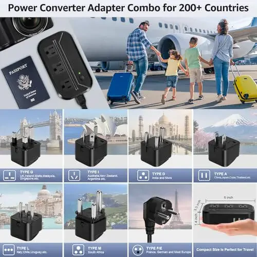 Voltage Converter 2300W International Power Converter Step Down 220V/240V to 110V/120V Travel Adapter w/ 3 USB + 1 Type C+ 3 AC Outlets + 7 Worldwide Plug Adapter for EU/US/AU/IT/UK/India/South Africa - 6
