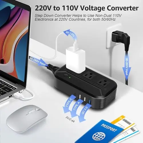 2300W Voltage Converter US to Europe 220 to 110 Worldwide Power Converter | 4 USB; 3 AC Outlets; 7 Travel Adapter Plugs for EU/UK/Asia/Italy/India/Australia/South Africa 220+ Countries - 3
