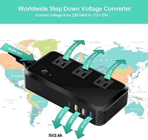 2300W Voltage Converter 220V to 110V Universal Travel Adapter/Power Converte with 3 USB Ports 3 AC Outlets 1 Type-C in EU/UK/AU/US/IT/South Africa More Than 150 Countries Over The World | 3 USB Ports; 1 Type-C; 3 AC Outlets; EU/UK/AU/US/IT/South Afri - 4
