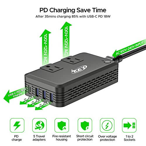 230w Voltaj Dönüştürücü 240V/220V - 120V/110V Key Power Uluslararası Güç Dönüştürücü Seyahat Seti - Amerika'da Kullanım İçin Seyahat Adaptörü, Saç Düzleştirici, Avrupa, Avustralya, İngiltere, İtalya vb. Yurtdışında - 5