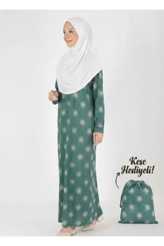 2312_Kadın Desenli Tek Parça Kaymaz Başörtülü Kolay Giyilebilen Namaz Elbisesi-Çanta/Kese Hediyeli - 00566 Çağla Beyaz - 1