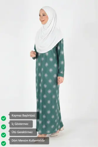 2312_Kadın Desenli Tek Parça Kaymaz Başörtülü Kolay Giyilebilen Namaz Elbisesi-Çanta/Kese Hediyeli - 00566 Çağla Beyaz - PLISTRE (1)