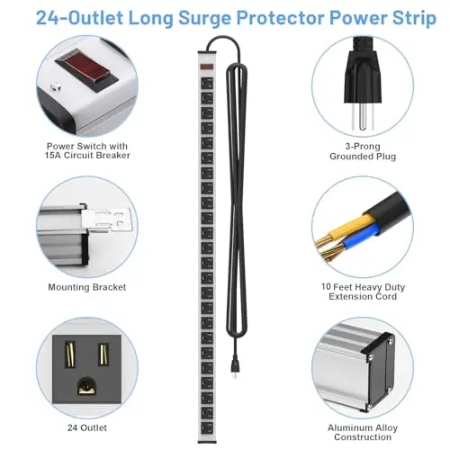 24 Outlets Extra Long Power Strip, Heavy Duty Metal Power Strip with 10FT Extension Cord, Wall Mount Power Strip for Home Garage Workshop, ETL Listed, Silver - 4