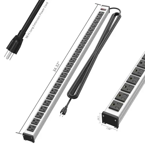 24 Outlets Extra Long Power Strip, Heavy Duty Metal Power Strip with 10FT Extension Cord, Wall Mount Power Strip for Home Garage Workshop, ETL Listed, Silver - 6