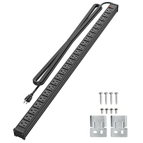 QBA 24 Outlet Metal Power Strip, Extra Long Heavy Duty Power Strip with 10FT Extension Cord, Mountable for Warehouse Garage Workench, ETL Listed, Black - 1