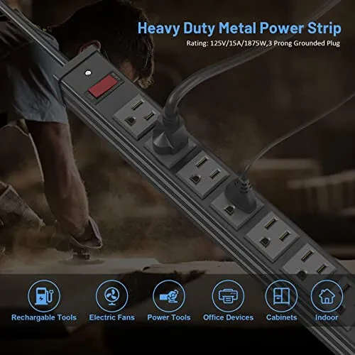 QBA 24 Outlet Metal Power Strip, Extra Long Heavy Duty Power Strip with 10FT Extension Cord, Mountable for Warehouse Garage Workench, ETL Listed, Black - QBA (1)