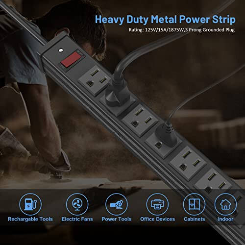 QBA 24 Outlet Metal Power Strip, Extra Long Heavy Duty Power Strip with 10FT Extension Cord, Mountable for Warehouse Garage Workench, ETL Listed, Black - 2