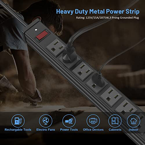 QBA 24 Outlet Metal Power Strip, Extra Long Heavy Duty Power Strip with 10FT Extension Cord, Mountable for Warehouse Garage Workench, ETL Listed, Black - QBA (1)