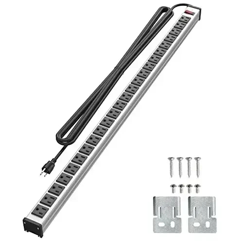 24 Outlet Extra Long Power Strip, Heavy Duty Metal Power Strip with 10FT Extension Cord, Wall Mount Power Strip for Home Garage Workshop, ETL Listed, Silver - QBA (1)