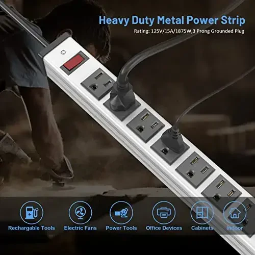 24 Outlet Extra Long Power Strip, Heavy Duty Metal Power Strip with 10FT Extension Cord, Wall Mount Power Strip for Home Garage Workshop, ETL Listed, Silver - 3