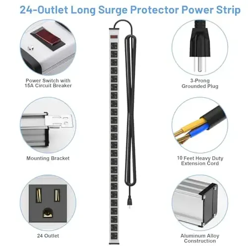 24 Outlet Extra Long Power Strip, Heavy Duty Metal Power Strip with 10FT Extension Cord, Wall Mount Power Strip for Home Garage Workshop, ETL Listed, Silver - 4