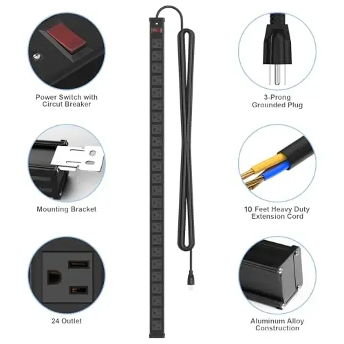 24 Outlet Metal Power Strip, Extra Long Heavy Duty Power Strip with 10FT Extension Cord, Mountable Power Strip for Warehouse Garage Workench, ETL Listed, Black - 6