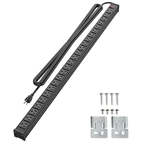 24 Outlet Metal Power Strip, Extra Long Heavy Duty Power Strip with 10FT Extension Cord, Mountable Power Strip for Warehouse Garage Workench, ETL Listed, Black - QBA