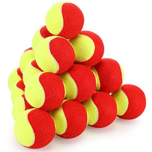 24 Pack Tennis Balls for Kids 75% Low Compression Stage Kids Tennis Ball Bulk for Beginners Ball Machine Training Transition Practicing PET Dog Playing Practice on Short 36 Foot Court (Red Yellow) - Hanaive (1)