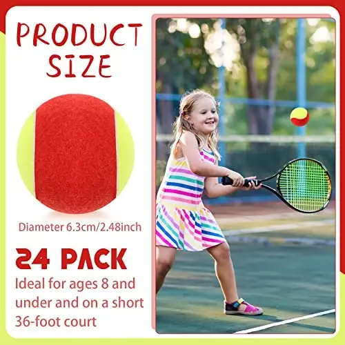 24 Pack Tennis Balls for Kids 75% Low Compression Stage Kids Tennis Ball Bulk for Beginners Ball Machine Training Transition Practicing PET Dog Playing Practice on Short 36 Foot Court (Red Yellow) - 3