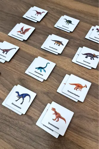 24 Parça Ahşap Dinazorlar Eşleştirme Kartları Zeka Oyun Kartları - Turuncu - 3