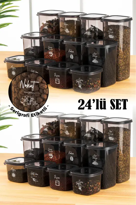 24-pc Peggy Square Food Storage Container 8x(0.55 LITER, 1.2 LITER, 1.75 LITER) White Silkscreen Labeled-Anthracite - 1