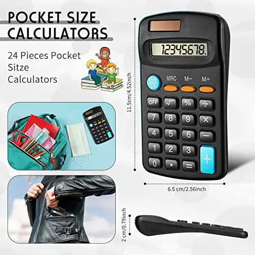 24 Pieces Basic Calculators for Students Small Calculators Pocket Size Mini Calculators Dual Powered Handheld Calculator 8 Digit Display Desktop Calculators for School Desktop Home Kids Office, Black - 2