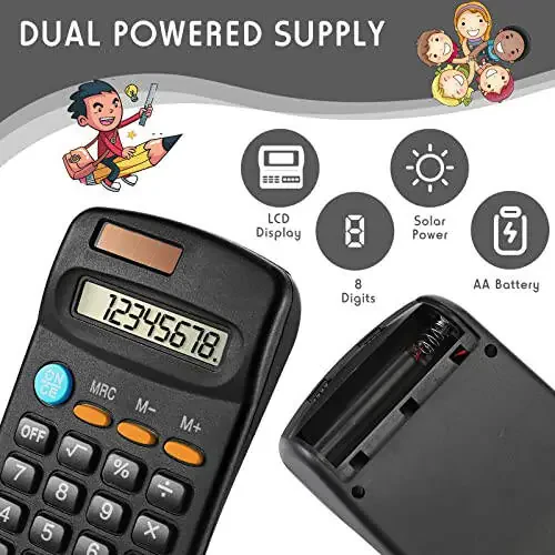 24 Pieces Basic Calculators for Students Small Calculators Pocket Size Mini Calculators Dual Powered Handheld Calculator 8 Digit Display Desktop Calculators for School Desktop Home Kids Office, Black - 4