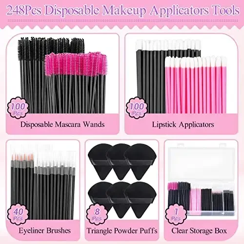 248 Pcs Disposable Makeup Applicators with Triangle Puffs, Mascara wands, Lip/Eyeliner Brushes Disposable Makeup Applicator Kit for Makeup Artist Supplies - 3