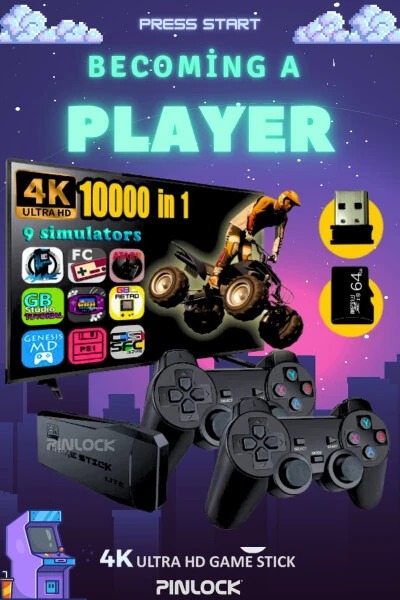 2.4g Wireless Dual Controller Retro Games 4k Game Stick 10,000 Games Atari 64 GB - Modazone