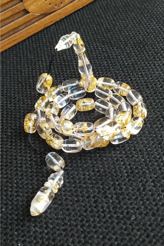24k Edible Gold Particle Rosary Gold Leaf Plexiglass Aircraft Glass Rosary with Wooden Box-Black Rope - VIP KEHRIBAR