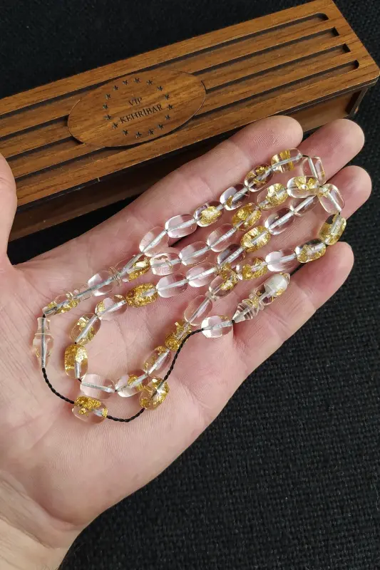 24k Edible Gold Particle Rosary Gold Leaf Plexiglass Aircraft Glass Rosary with Wooden Box-Black Rope - 2