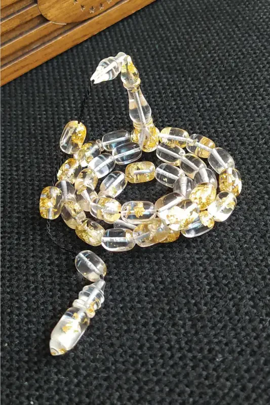 24k Edible Gold Particle Rosary Gold Leaf Plexiglass Aircraft Glass Rosary with Wooden Box-Black Rope - 1