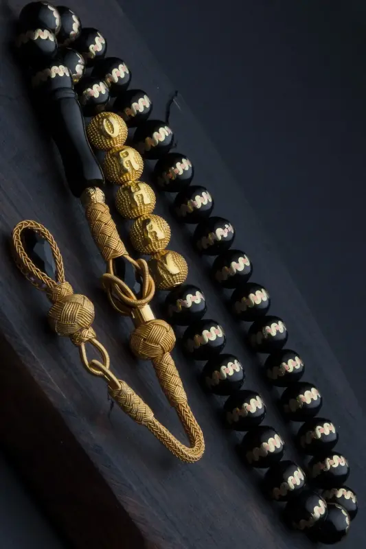 24K Gold Plated Silver Kazak Tassel Personalized Oltu Prayer Beads - OTTOTESBİH
