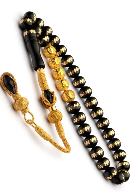 24K Gold Plated Silver Kazak Tassel Personalized Oltu Prayer Beads - 3