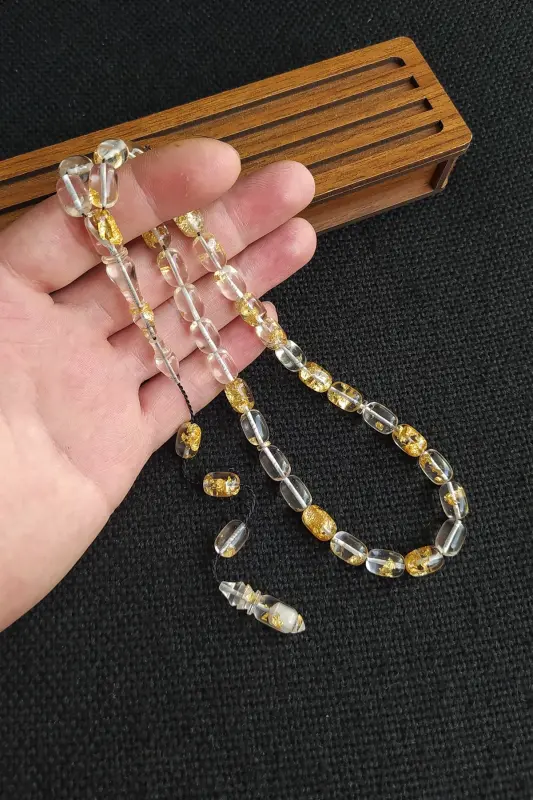 24k Yenilebilir Altın Parçacıklı Tesbih Altın Varaklı Plexiglass Uçak Camı Tesbih Ahşap Kutulu - Siyah İpli - 3