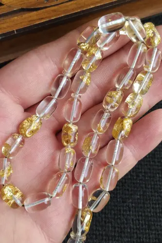 24k Yenilebilir Altın Parçacıklı Tesbih Altın Varaklı Plexiglass Uçak Camı Tesbih Ahşap Kutulu - Siyah İpli - 5