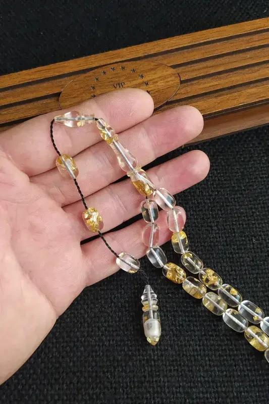 24k Yeyishli Oltin Zarrachali Tasbeh Oltin Varaqli Pleksiglas Samolyot Oynasi Tasbehi Yog'och Qutisi-Qora İpli - 4