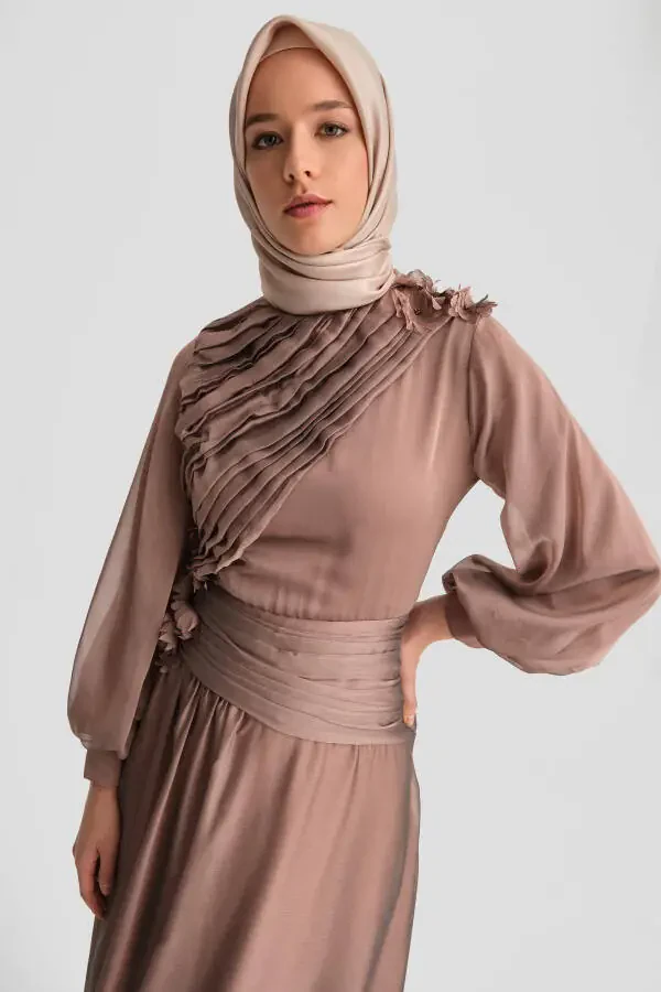 24k9914 Bronza rangli cho'ntak va naqshlangan kokteyl ko'ylak - 4