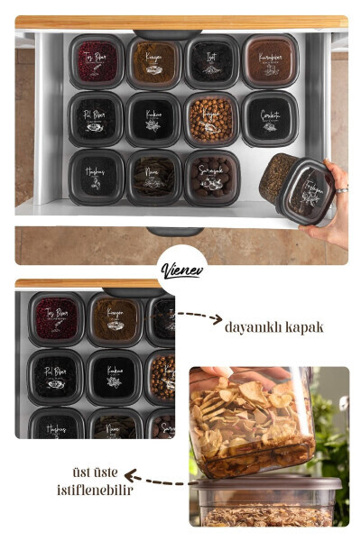 24lü Beyaz Serigrafi Etiketli Kaşıklı Peggy Kare Erzak Baharat Full Set 6x(1,75 1,2, 0,55, 0,45) Ant - Antrasit - 14