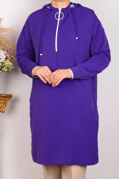 24yt461 Women's Purple Relaxed Fit Hooded Half-Zip Ribbed Sleeves Crepe Fabric Tunic - ARMINE