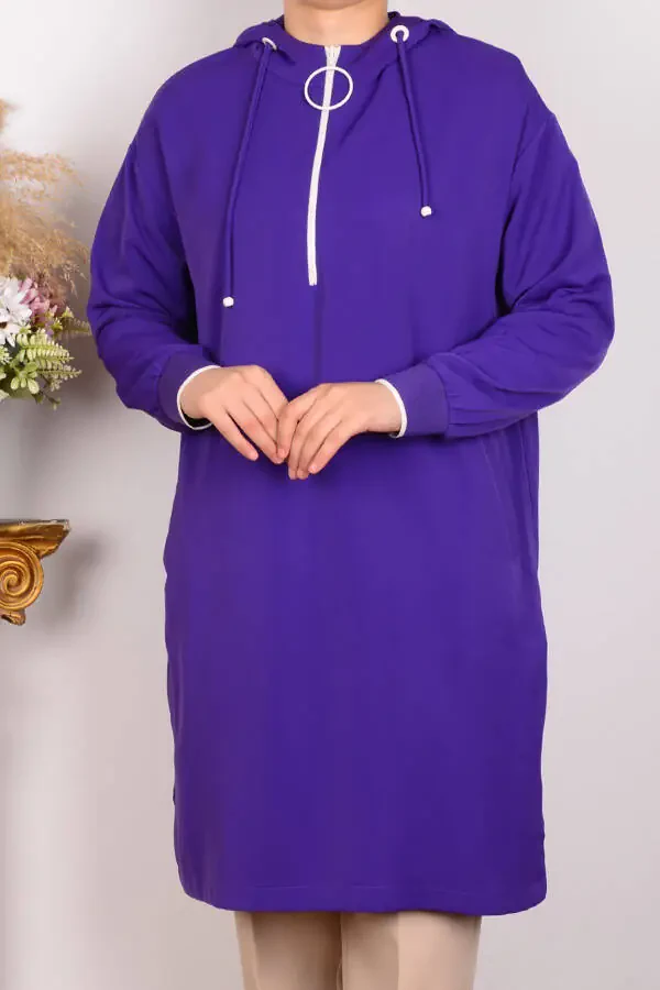 24yt461 Women's Purple Relaxed Fit Hooded Half-Zip Ribbed Sleeves Crepe Fabric Tunic - 1