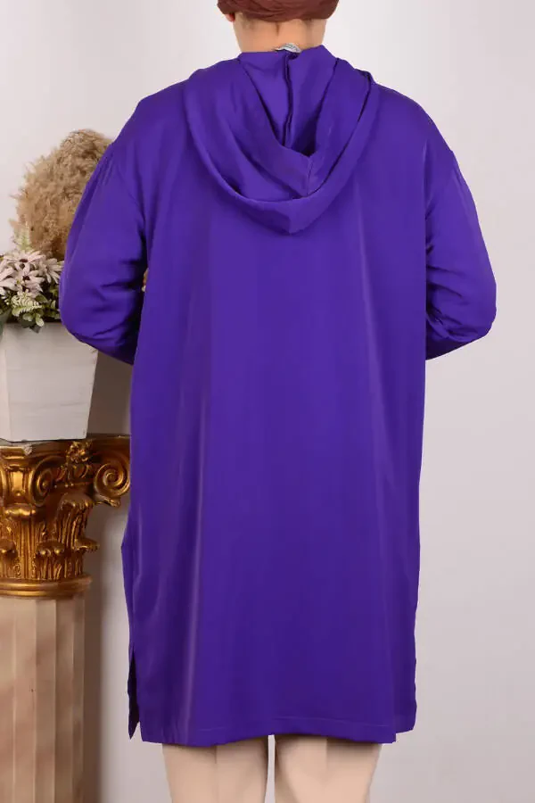 24yt461 Women's Purple Relaxed Fit Hooded Half-Zip Ribbed Sleeves Crepe Fabric Tunic - 3