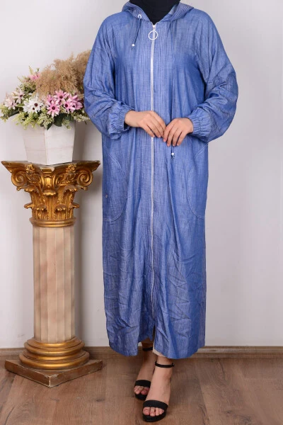 24yt564 Indigo Women's Hooded Deep Pocket Detailed Full Zip, Elastic Cuffed Sweat Jacket - 1