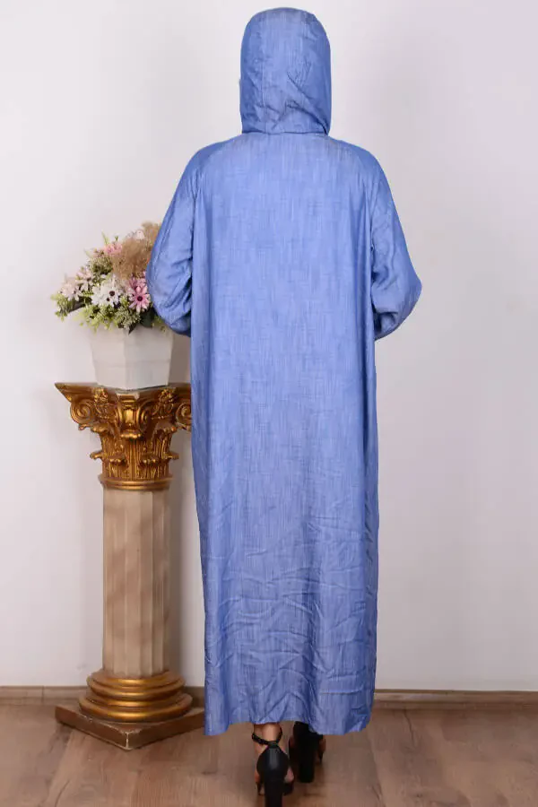 24yt564 Indigo Women's Hooded Deep Pocket Detailed Full Zip, Elastic Cuffed Sweat Jacket - 3