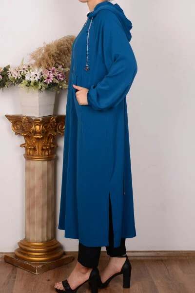 24YT762 Petrol Women's Relaxed Fit Hooded Chain Detail Zipper Kangaroo Pocket Pullover - ARMINE (1)