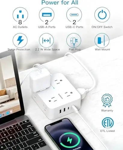 25 Ft Extra Long Extension Cord, 1080J Surge Protector Power Strip HANYCONY | Ultra-Thin Flat Plug, 8 Widely Spaced Outlets & 4 USB Ports (2 USB C), for Home, Office, Workshop, Wall Mount Design - 3