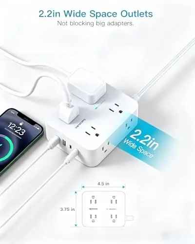 25 Ft Extra Long Extension Cord, 1080J Surge Protector Power Strip HANYCONY | Ultra-Thin Flat Plug, 8 Widely Spaced Outlets & 4 USB Ports (2 USB C), for Home, Office, Workshop, Wall Mount Design - 5