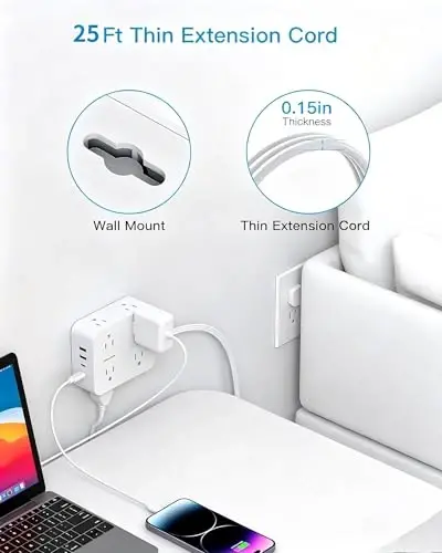 25 Ft Extra Long Extension Cord, 1080J Surge Protector Power Strip HANYCONY | Ultra-Thin Flat Plug, 8 Widely Spaced Outlets & 4 USB Ports (2 USB C), for Home, Office, Workshop, Wall Mount Design - 6